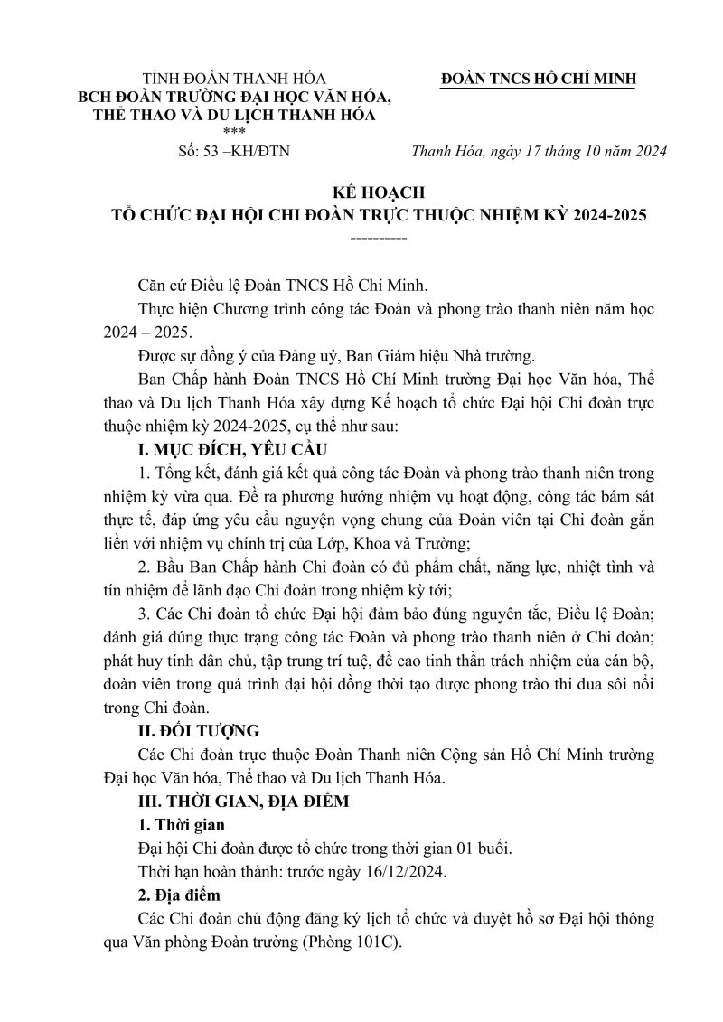 Kế hoạch Tổ chức Đại hội các Chi đoàn trực thuộc nhiệm kì 2024-2025-hình ảnh-0.jpg